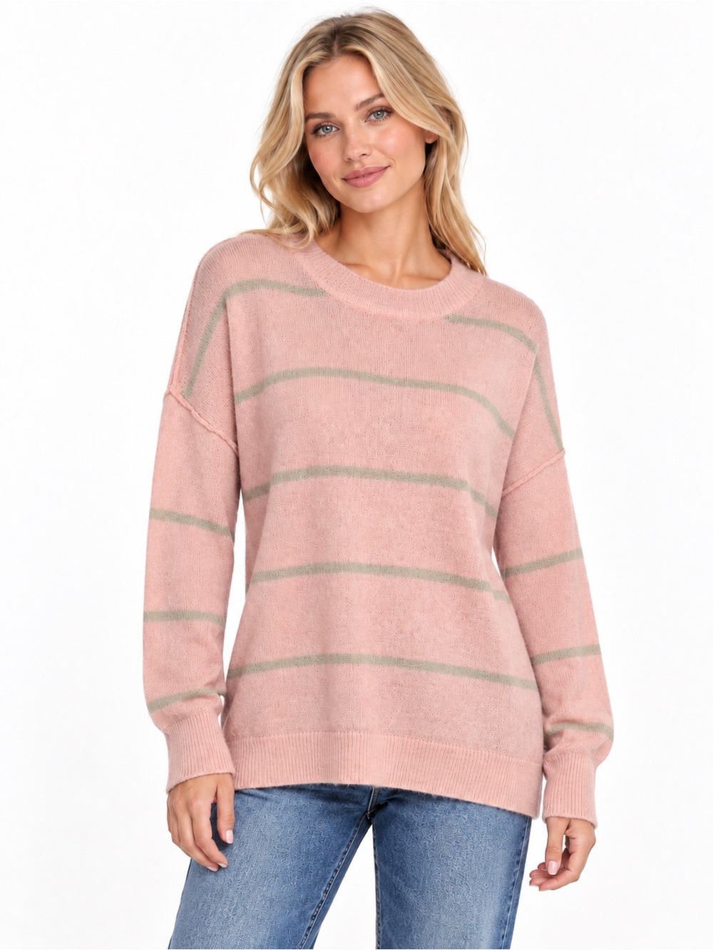 Umgee NWT Size Large Womens Pink Striped Cozy Crewneck Sweater